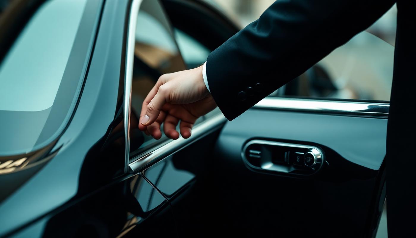 Motorista abrindo porta de veículo funerário